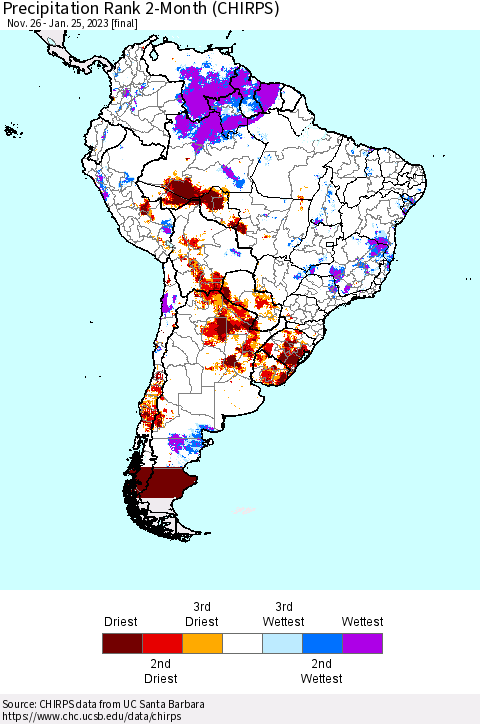 South America Precipitation Rank since 1981, 2-Month (CHIRPS) Thematic Map For 11/26/2022 - 1/25/2023