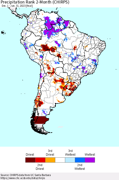 South America Precipitation Rank since 1981, 2-Month (CHIRPS) Thematic Map For 12/1/2022 - 1/31/2023