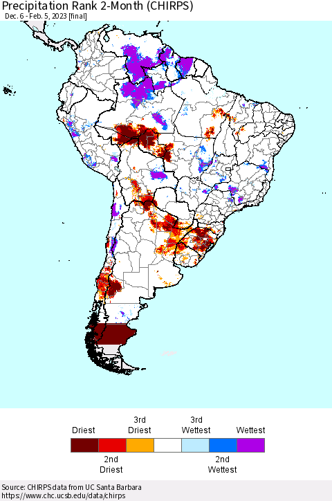 South America Precipitation Rank since 1981, 2-Month (CHIRPS) Thematic Map For 12/6/2022 - 2/5/2023