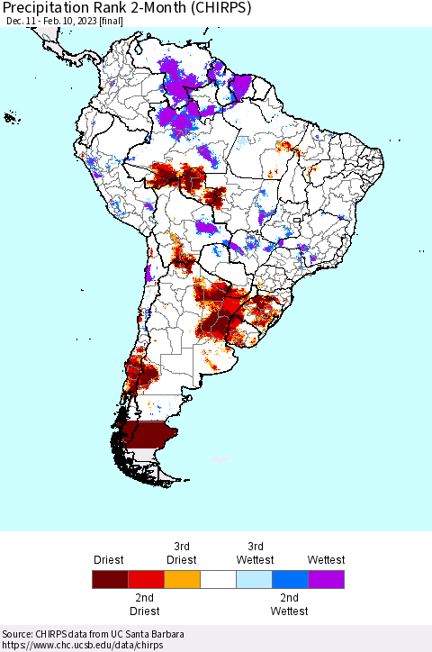 South America Precipitation Rank since 1981, 2-Month (CHIRPS) Thematic Map For 12/11/2022 - 2/10/2023