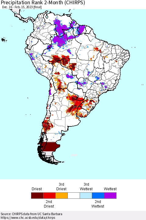 South America Precipitation Rank since 1981, 2-Month (CHIRPS) Thematic Map For 12/16/2022 - 2/15/2023