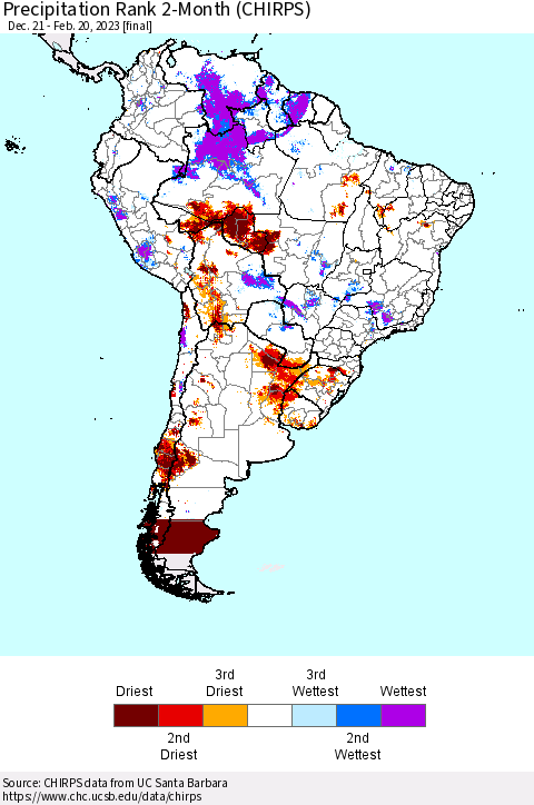 South America Precipitation Rank since 1981, 2-Month (CHIRPS) Thematic Map For 12/21/2022 - 2/20/2023