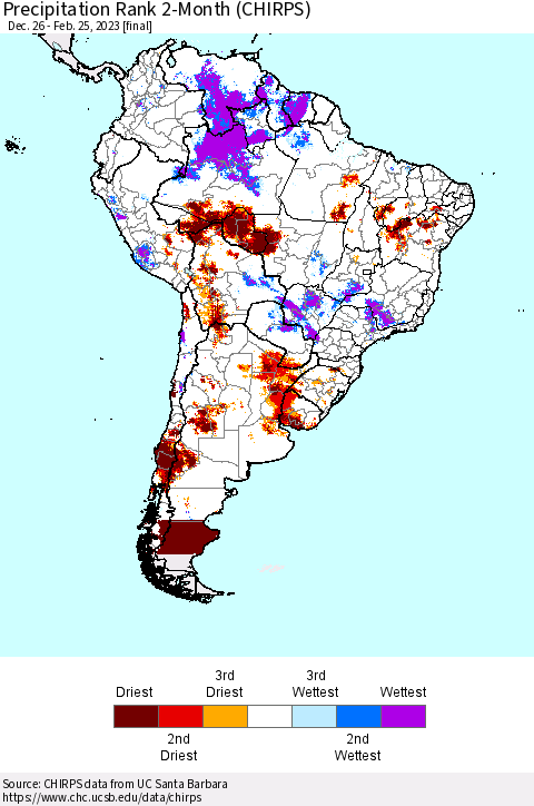 South America Precipitation Rank since 1981, 2-Month (CHIRPS) Thematic Map For 12/26/2022 - 2/25/2023