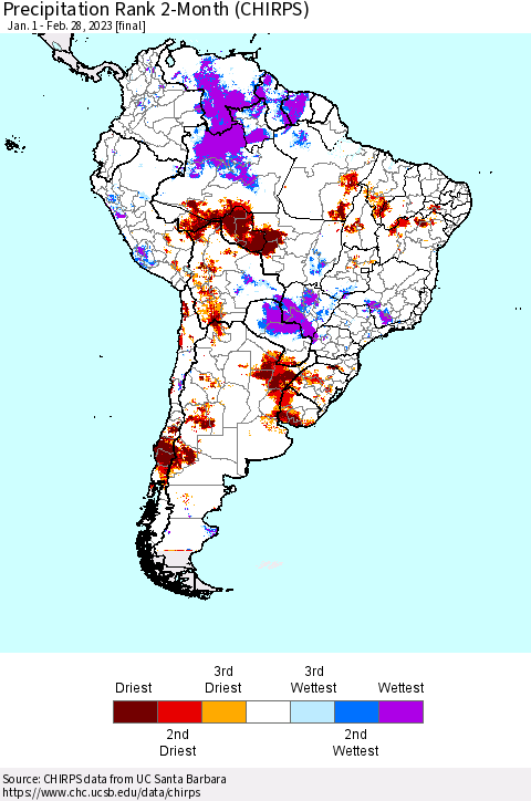 South America Precipitation Rank since 1981, 2-Month (CHIRPS) Thematic Map For 1/1/2023 - 2/28/2023