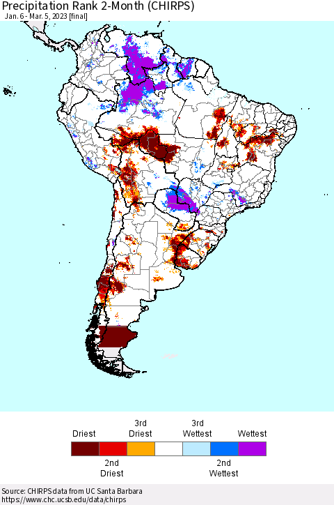 South America Precipitation Rank since 1981, 2-Month (CHIRPS) Thematic Map For 1/6/2023 - 3/5/2023