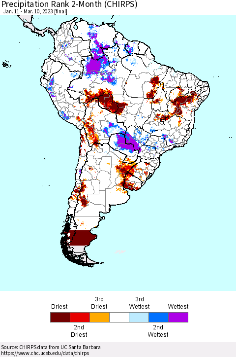 South America Precipitation Rank since 1981, 2-Month (CHIRPS) Thematic Map For 1/11/2023 - 3/10/2023
