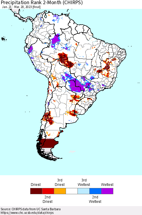 South America Precipitation Rank since 1981, 2-Month (CHIRPS) Thematic Map For 1/21/2023 - 3/20/2023