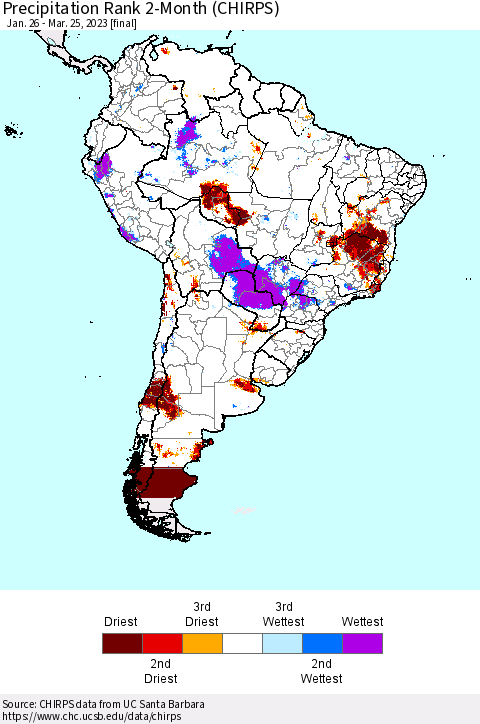 South America Precipitation Rank since 1981, 2-Month (CHIRPS) Thematic Map For 1/26/2023 - 3/25/2023
