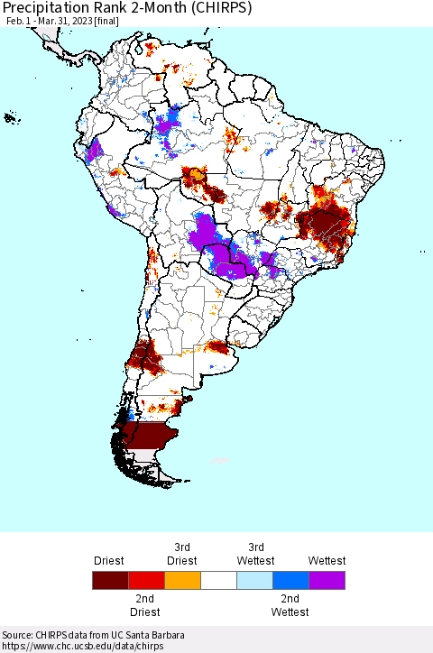 South America Precipitation Rank since 1981, 2-Month (CHIRPS) Thematic Map For 2/1/2023 - 3/31/2023