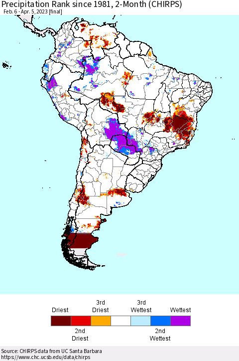 South America Precipitation Rank since 1981, 2-Month (CHIRPS) Thematic Map For 2/6/2023 - 4/5/2023