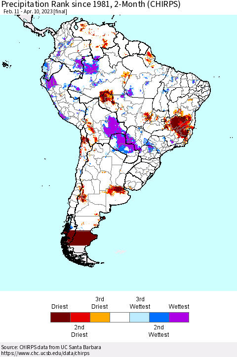 South America Precipitation Rank since 1981, 2-Month (CHIRPS) Thematic Map For 2/11/2023 - 4/10/2023