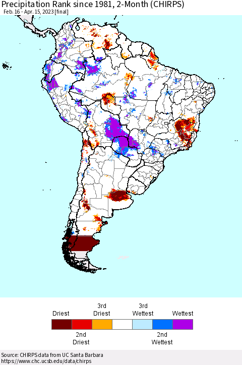 South America Precipitation Rank since 1981, 2-Month (CHIRPS) Thematic Map For 2/16/2023 - 4/15/2023