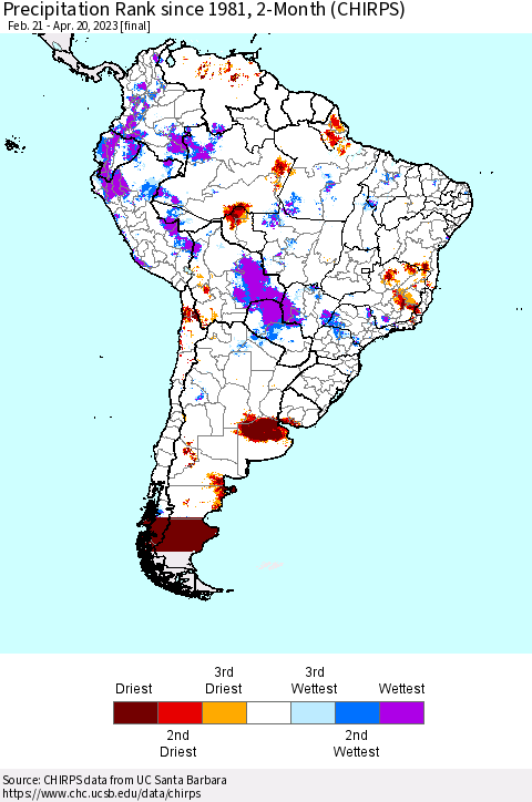 South America Precipitation Rank since 1981, 2-Month (CHIRPS) Thematic Map For 2/21/2023 - 4/20/2023