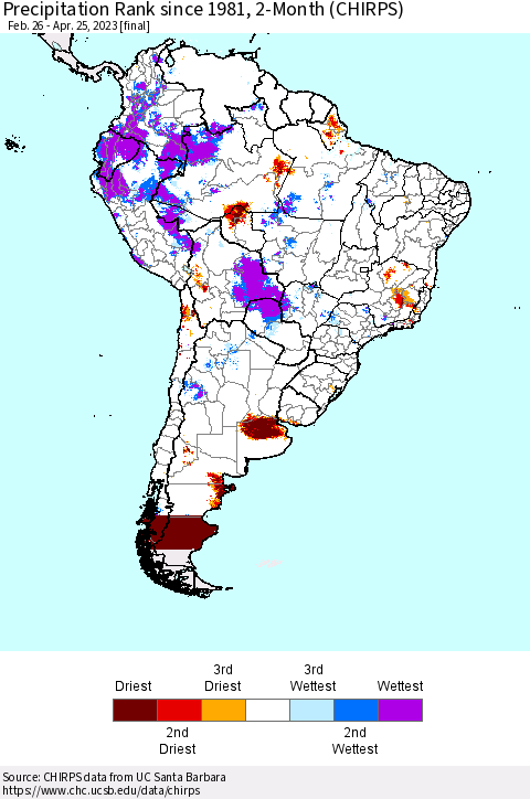 South America Precipitation Rank since 1981, 2-Month (CHIRPS) Thematic Map For 2/26/2023 - 4/25/2023