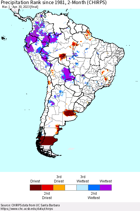 South America Precipitation Rank since 1981, 2-Month (CHIRPS) Thematic Map For 3/1/2023 - 4/30/2023