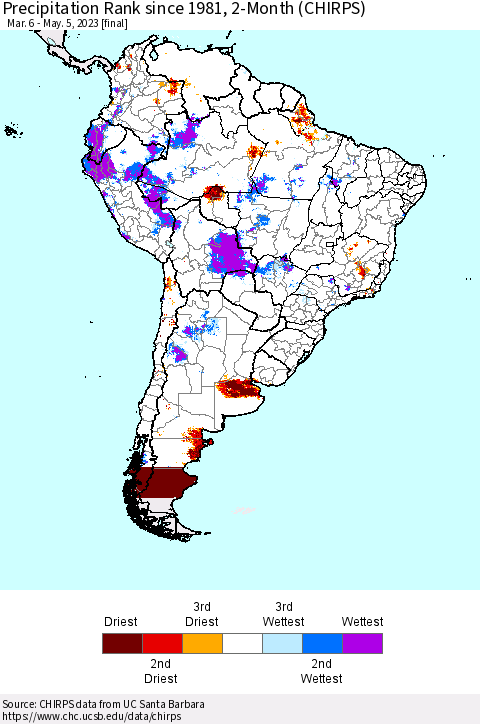South America Precipitation Rank since 1981, 2-Month (CHIRPS) Thematic Map For 3/6/2023 - 5/5/2023