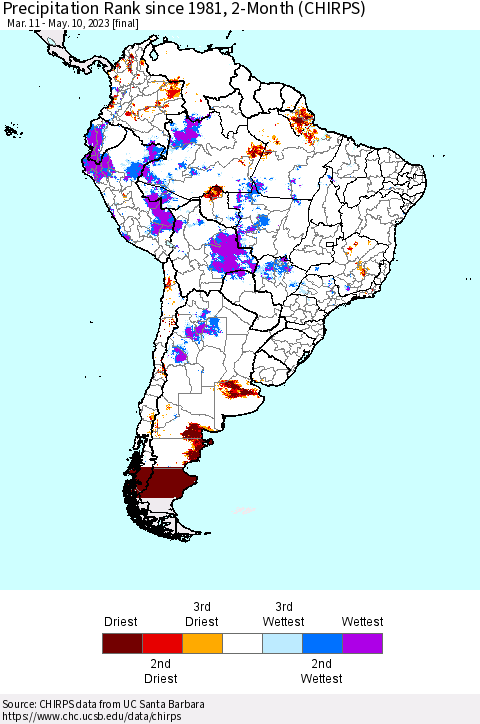 South America Precipitation Rank since 1981, 2-Month (CHIRPS) Thematic Map For 3/11/2023 - 5/10/2023