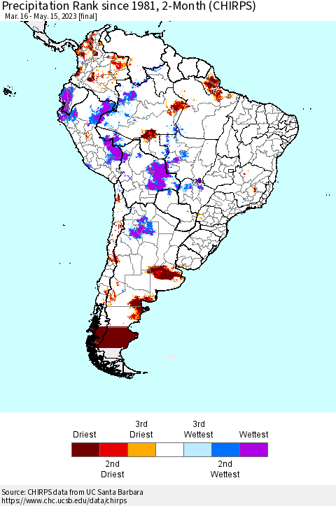 South America Precipitation Rank since 1981, 2-Month (CHIRPS) Thematic Map For 3/16/2023 - 5/15/2023