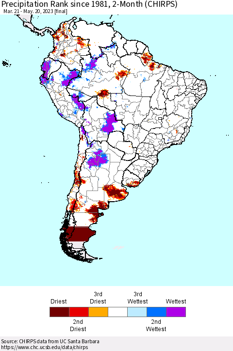 South America Precipitation Rank since 1981, 2-Month (CHIRPS) Thematic Map For 3/21/2023 - 5/20/2023