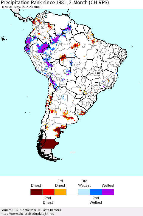 South America Precipitation Rank since 1981, 2-Month (CHIRPS) Thematic Map For 3/26/2023 - 5/25/2023
