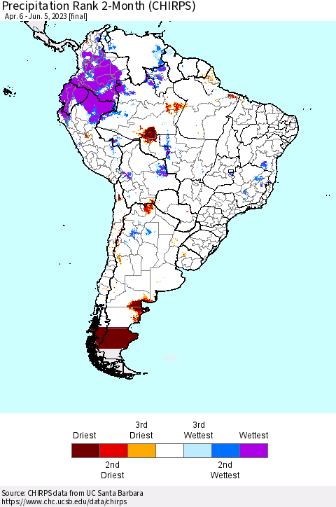 South America Precipitation Rank since 1981, 2-Month (CHIRPS) Thematic Map For 4/6/2023 - 6/5/2023