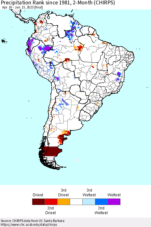 South America Precipitation Rank since 1981, 2-Month (CHIRPS) Thematic Map For 4/16/2023 - 6/15/2023