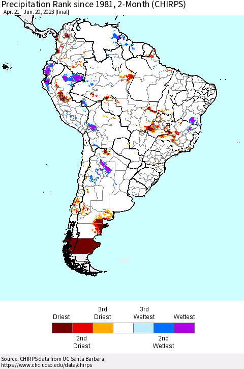South America Precipitation Rank since 1981, 2-Month (CHIRPS) Thematic Map For 4/21/2023 - 6/20/2023