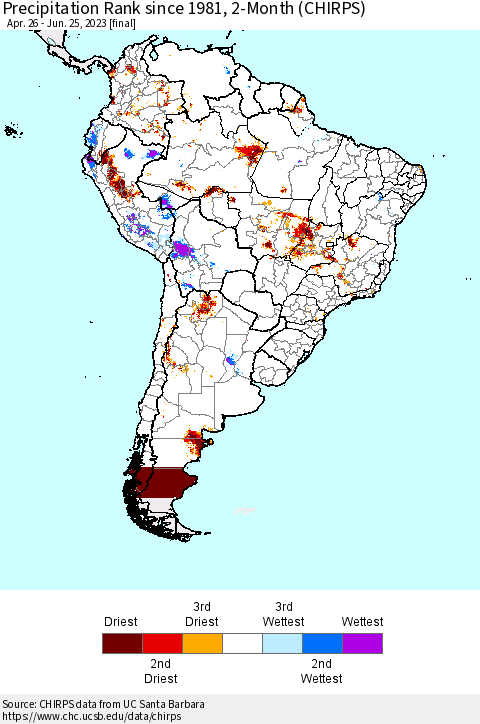 South America Precipitation Rank since 1981, 2-Month (CHIRPS) Thematic Map For 4/26/2023 - 6/25/2023