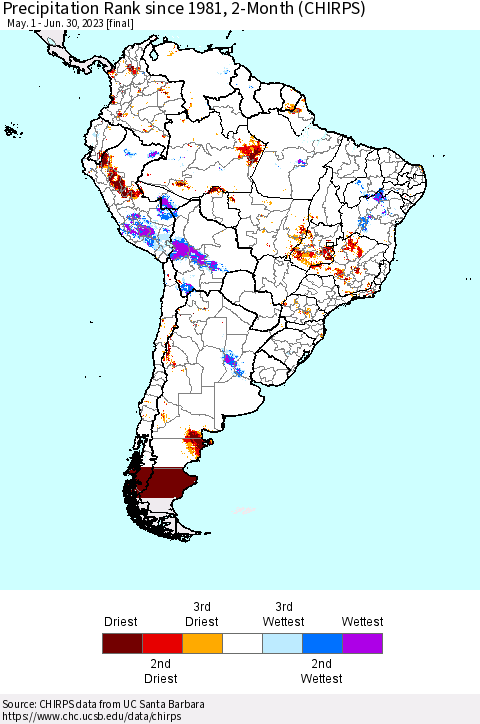 South America Precipitation Rank since 1981, 2-Month (CHIRPS) Thematic Map For 5/1/2023 - 6/30/2023