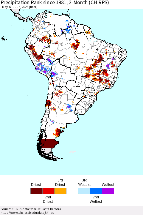 South America Precipitation Rank since 1981, 2-Month (CHIRPS) Thematic Map For 5/6/2023 - 7/5/2023
