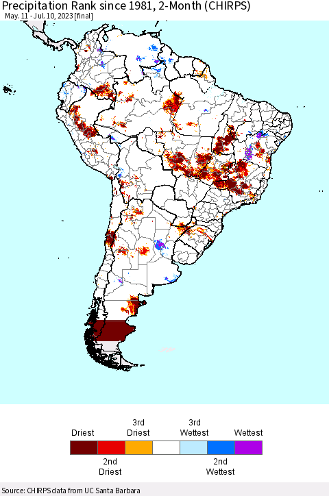 South America Precipitation Rank since 1981, 2-Month (CHIRPS) Thematic Map For 5/11/2023 - 7/10/2023