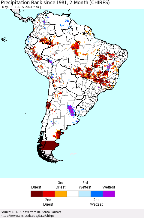 South America Precipitation Rank since 1981, 2-Month (CHIRPS) Thematic Map For 5/16/2023 - 7/15/2023
