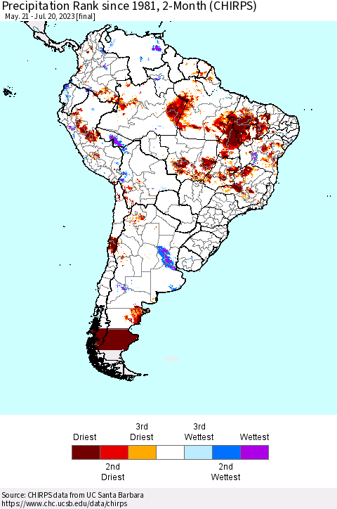 South America Precipitation Rank since 1981, 2-Month (CHIRPS) Thematic Map For 5/21/2023 - 7/20/2023