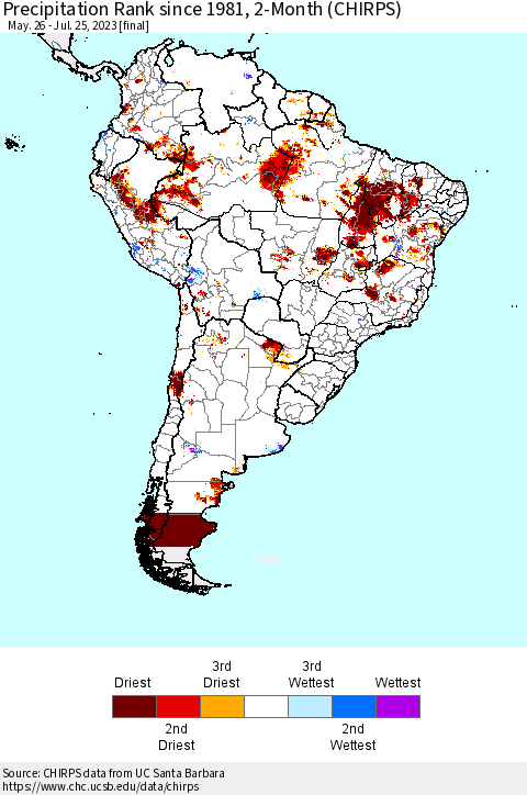 South America Precipitation Rank since 1981, 2-Month (CHIRPS) Thematic Map For 5/26/2023 - 7/25/2023