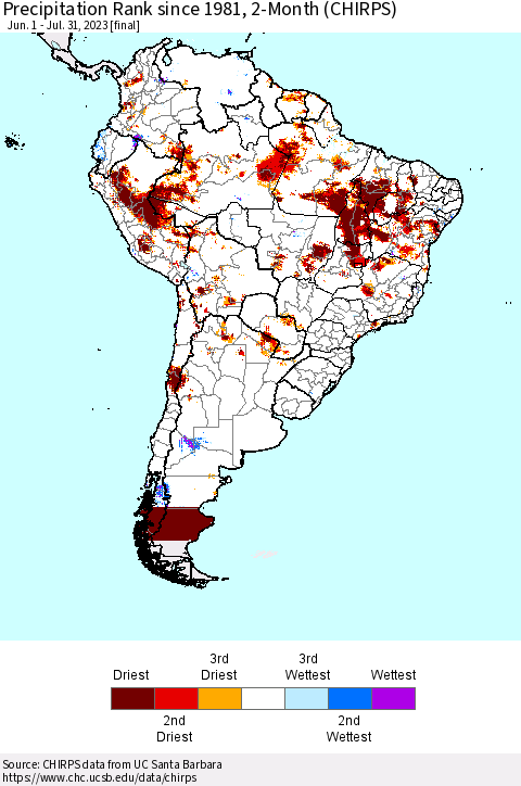 South America Precipitation Rank since 1981, 2-Month (CHIRPS) Thematic Map For 6/1/2023 - 7/31/2023