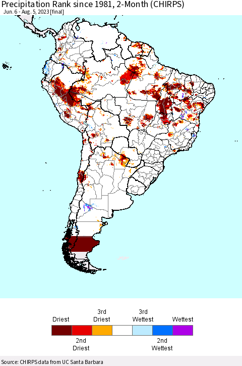 South America Precipitation Rank since 1981, 2-Month (CHIRPS) Thematic Map For 6/6/2023 - 8/5/2023