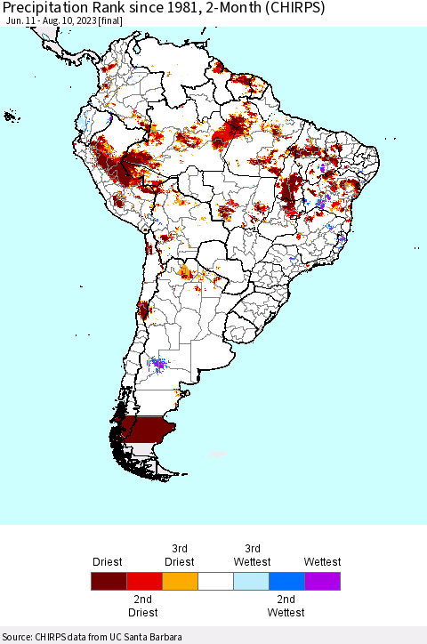 South America Precipitation Rank since 1981, 2-Month (CHIRPS) Thematic Map For 6/11/2023 - 8/10/2023