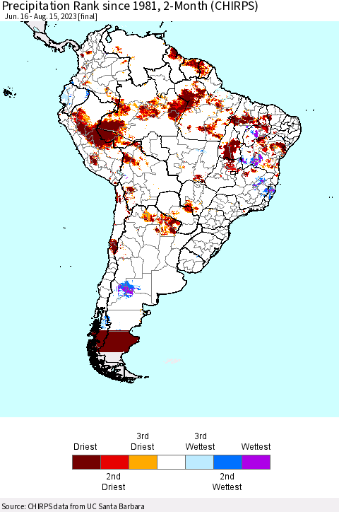 South America Precipitation Rank since 1981, 2-Month (CHIRPS) Thematic Map For 6/16/2023 - 8/15/2023