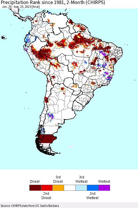 South America Precipitation Rank since 1981, 2-Month (CHIRPS) Thematic Map For 6/26/2023 - 8/25/2023