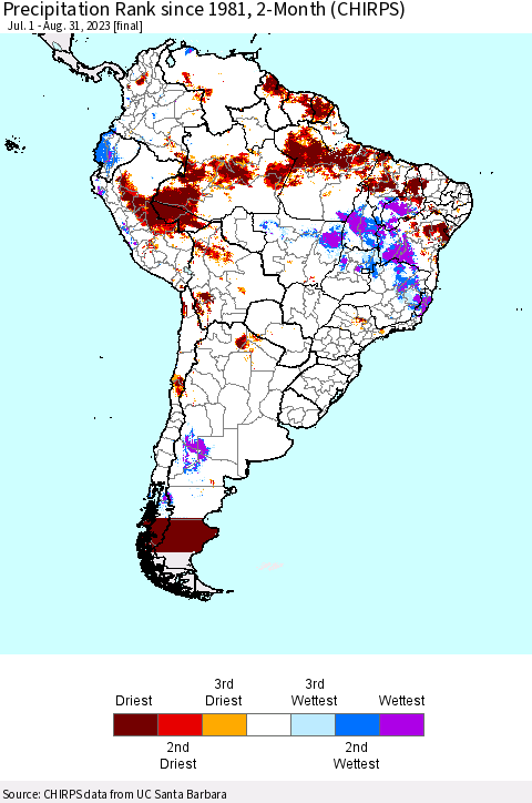 South America Precipitation Rank since 1981, 2-Month (CHIRPS) Thematic Map For 7/1/2023 - 8/31/2023