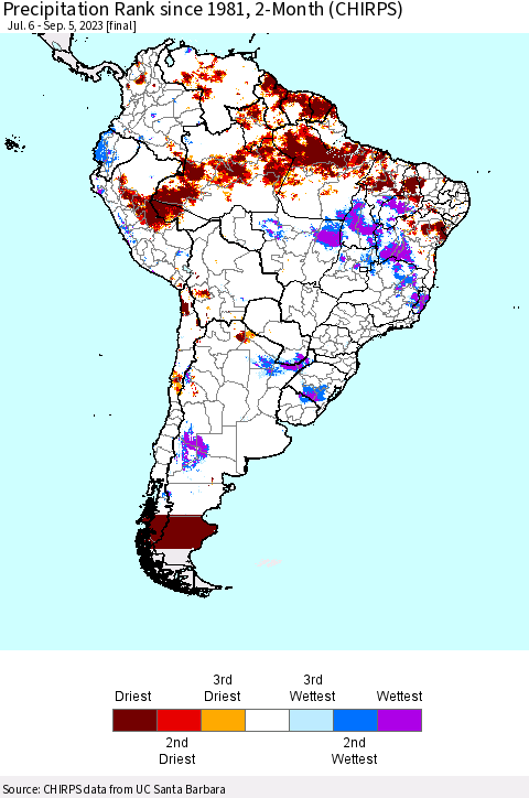 South America Precipitation Rank since 1981, 2-Month (CHIRPS) Thematic Map For 7/6/2023 - 9/5/2023