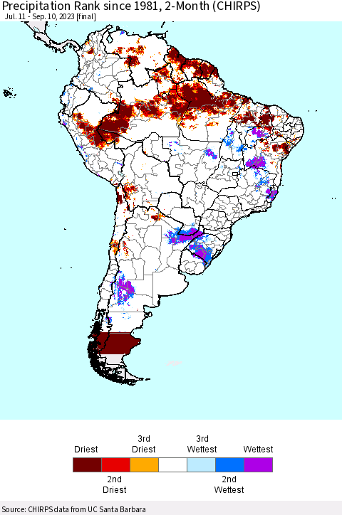 South America Precipitation Rank since 1981, 2-Month (CHIRPS) Thematic Map For 7/11/2023 - 9/10/2023