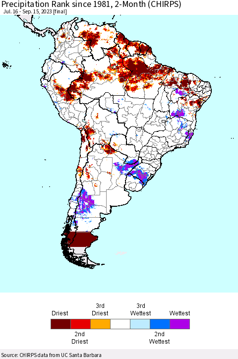 South America Precipitation Rank since 1981, 2-Month (CHIRPS) Thematic Map For 7/16/2023 - 9/15/2023