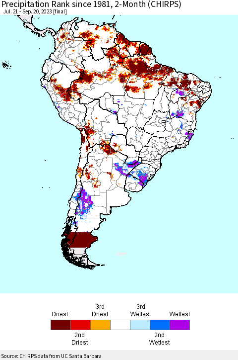 South America Precipitation Rank since 1981, 2-Month (CHIRPS) Thematic Map For 7/21/2023 - 9/20/2023