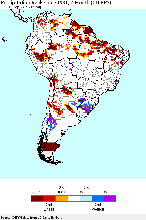 South America Precipitation Rank since 1981, 2-Month (CHIRPS) Thematic Map For 7/26/2023 - 9/25/2023