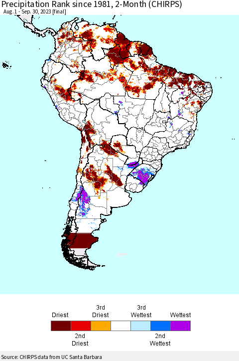 South America Precipitation Rank since 1981, 2-Month (CHIRPS) Thematic Map For 8/1/2023 - 9/30/2023