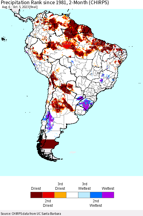 South America Precipitation Rank since 1981, 2-Month (CHIRPS) Thematic Map For 8/6/2023 - 10/5/2023