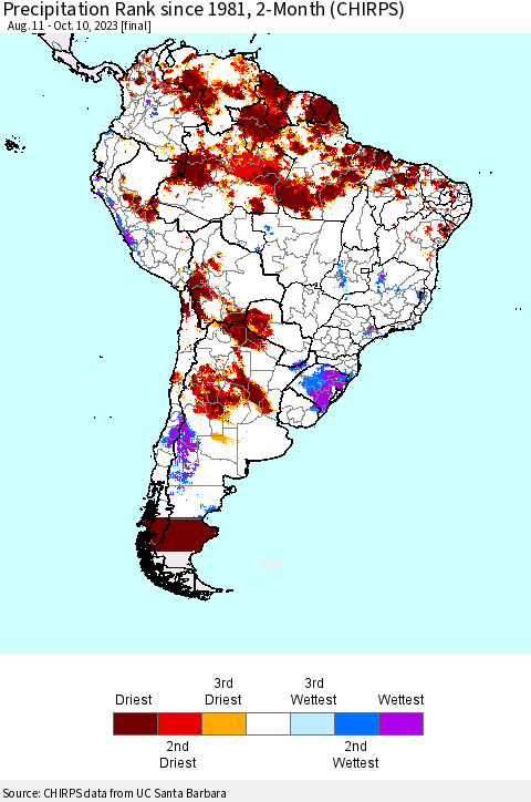 South America Precipitation Rank since 1981, 2-Month (CHIRPS) Thematic Map For 8/11/2023 - 10/10/2023
