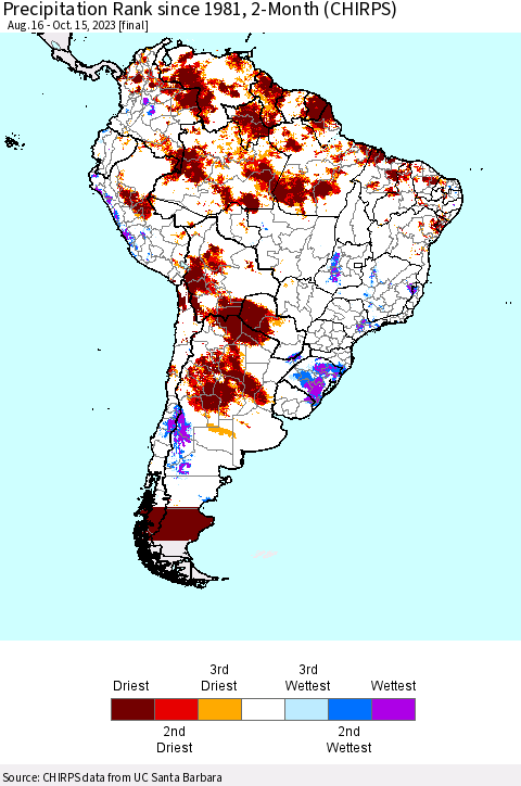 South America Precipitation Rank since 1981, 2-Month (CHIRPS) Thematic Map For 8/16/2023 - 10/15/2023
