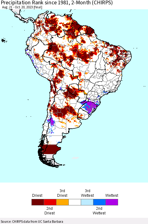 South America Precipitation Rank since 1981, 2-Month (CHIRPS) Thematic Map For 8/21/2023 - 10/20/2023